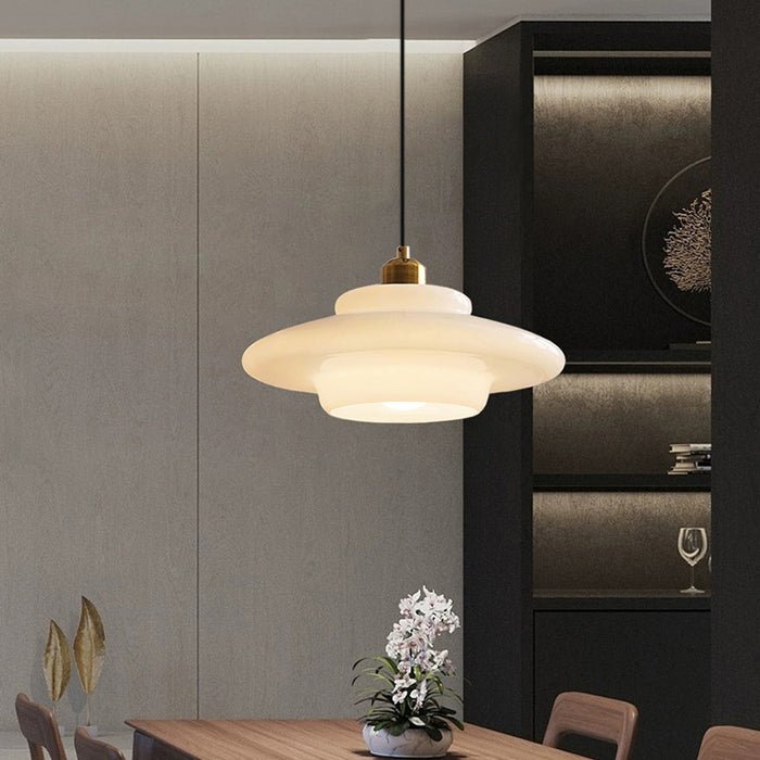 Mid-Century White Glass Pendant Light – Modern Dome Hanging Lamp with Brass Accents for Kitchen & Dining