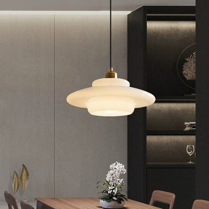 Mid-Century White Glass Pendant Light – Modern Dome Hanging Lamp with Brass Accents for Kitchen & Dining