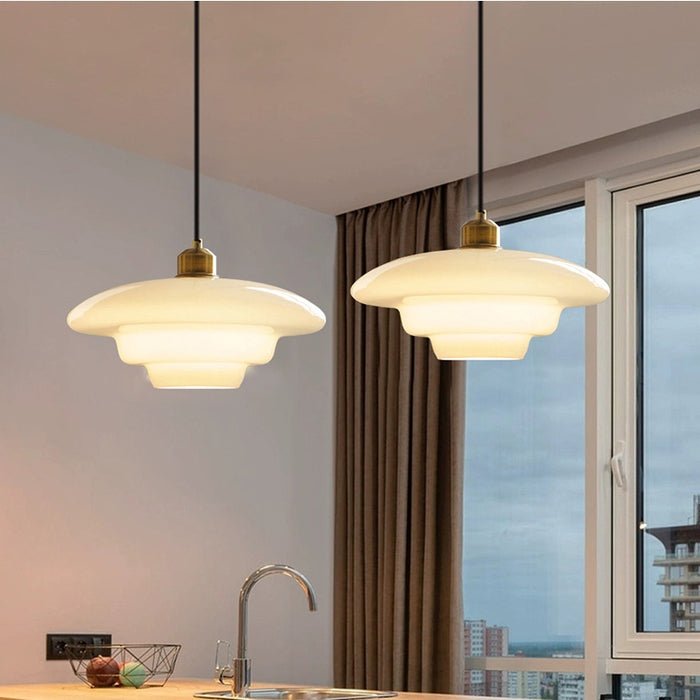 Mid-Century White Glass Pendant Light – Modern Dome Hanging Lamp with Brass Accents for Kitchen & Dining