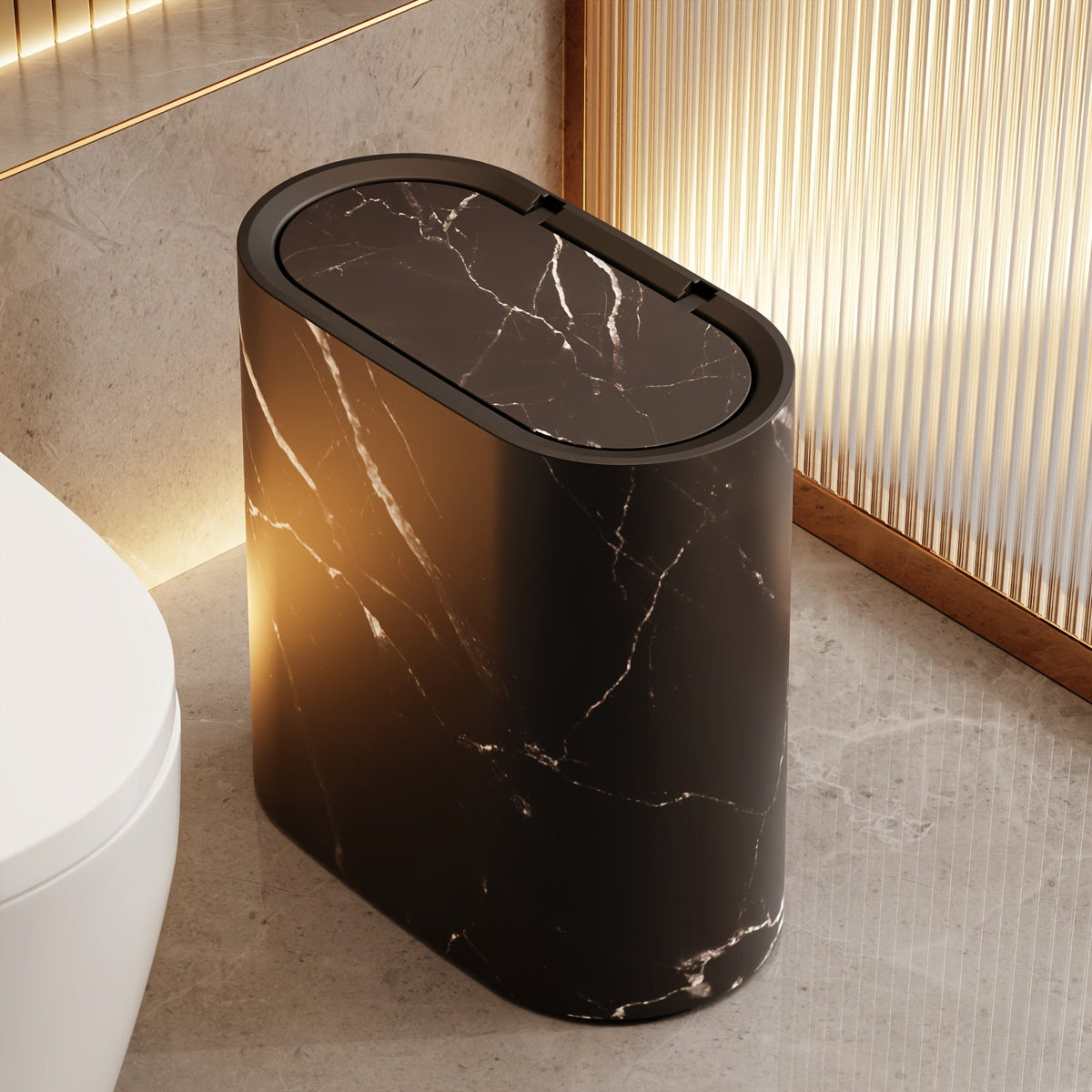Marble Pattern Lidded Trash Can – Compact Oval Bathroom & Kitchen Waste Bin, 29 x 29 x 14.5 cm, Easy-Clean Plastic