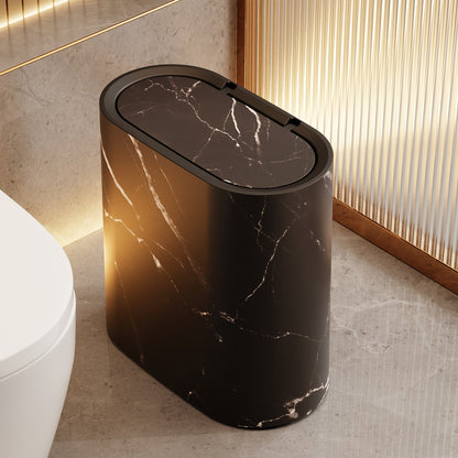 Marble Pattern Lidded Trash Can – Compact Oval Bathroom & Kitchen Waste Bin, 29 x 29 x 14.5 cm, Easy-Clean Plastic