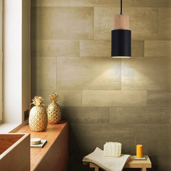 Nordic Macaron Cylinder Pendant Light – Aluminum & Wood Focused Hanging Lamp in 5 Colors for Kitchen, Bar & Bedroom