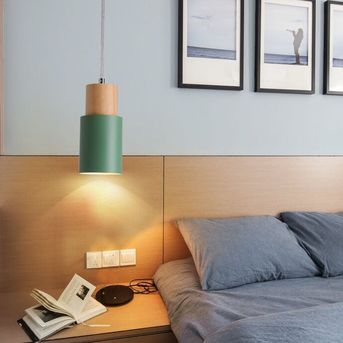 Nordic Macaron Cylinder Pendant Light – Aluminum & Wood Focused Hanging Lamp in 5 Colors for Kitchen, Bar & Bedroom