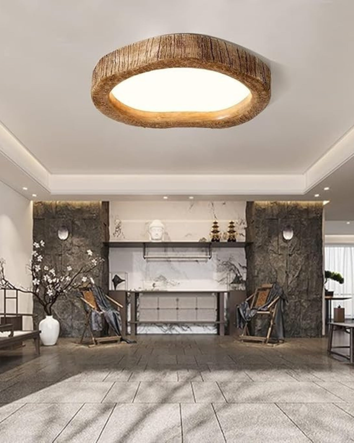 Le Halo Bois Wood-Effect LED Ceiling Light – Rustic Resin Flush Mount Lamp in S, M or L for Bedroom, Living Room & Hallway