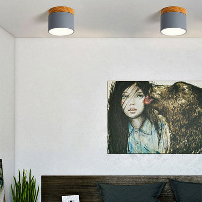 Scandinavian Macaron LED Ceiling Light with Wood Accent – Compact 7W 700 Lumen Flush Mount with 3-Color Light in 7 Colors