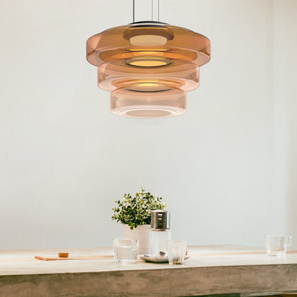 Bauhaus Layered Glass LED Pendant Light – 12W Warm White Tiered Hanging Fixture in Amber, Green or Smoke Grey, 6 Sizes
