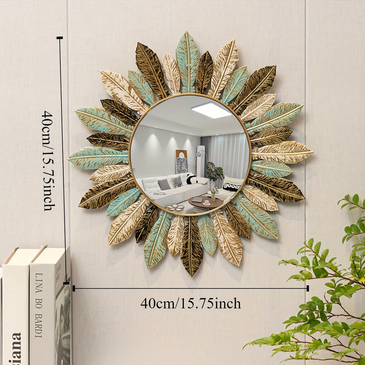 Bohemian Sunburst Wall Mirror – Teal & Gold Metal Leaf Decorative Round Mirror for Living Room & Entryway