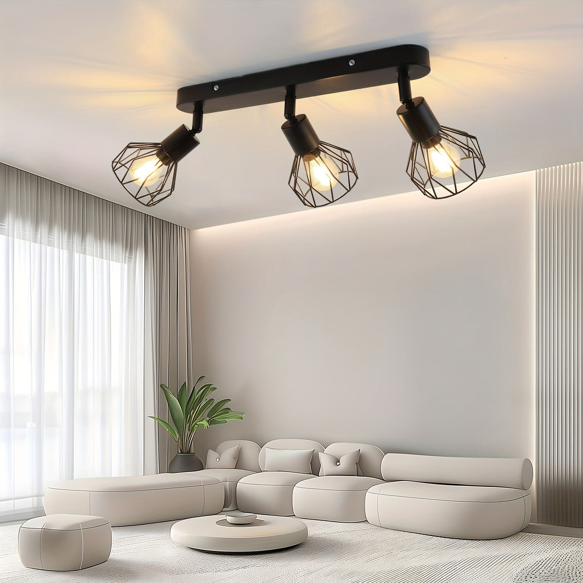 Vintage Industrial 3-Light Ceiling Spotlight – Adjustable Black Metal Cage Track Light Fixture for Kitchen, Hallway & Loft