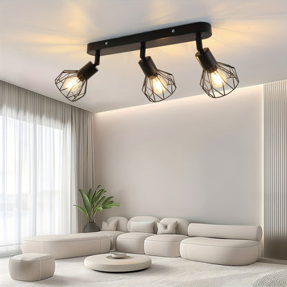 Vintage Industrial 3-Light Ceiling Spotlight – Adjustable Black Metal Cage Track Light Fixture for Kitchen, Hallway & Loft