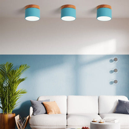 Scandinavian Macaron LED Ceiling Light with Wood Accent – Compact 7W 700 Lumen Flush Mount with 3-Color Light in 7 Colors