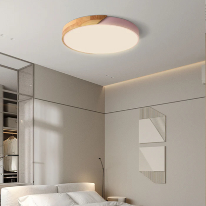 Modern Nordic LED Ceiling Light with Wood Accent – Flush Mount Dimmable Fixture for Bedroom, Living Room, Kitchen & Hallway