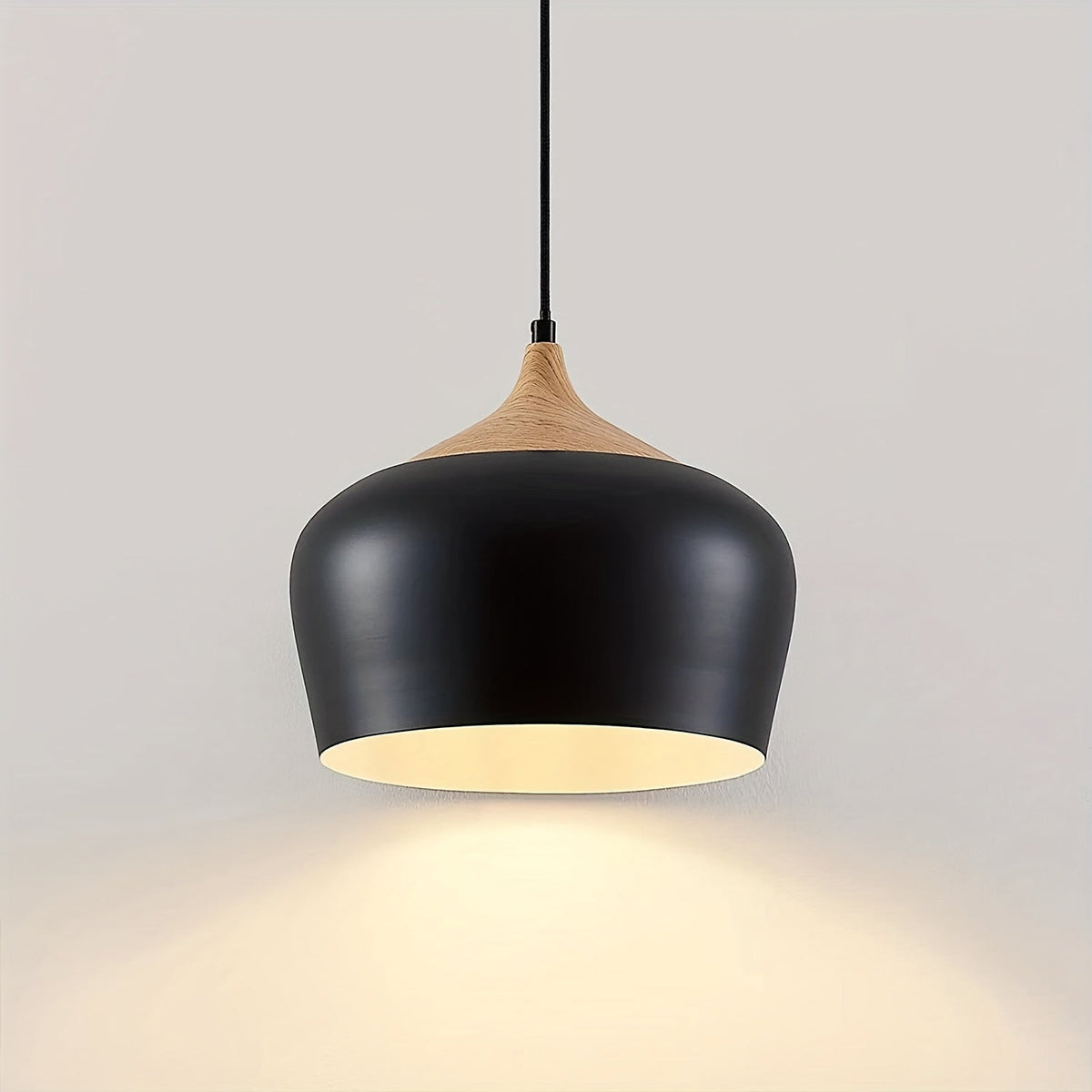 Modern Scandinavian Iron & Wood Grain Pendant Light – Matte Metal Dome Hanging Lamp for Kitchen Island, Dining & Living Room