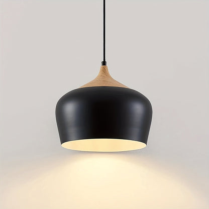 Modern Scandinavian Iron & Wood Grain Pendant Light – Matte Metal Dome Hanging Lamp for Kitchen Island, Dining & Living Room