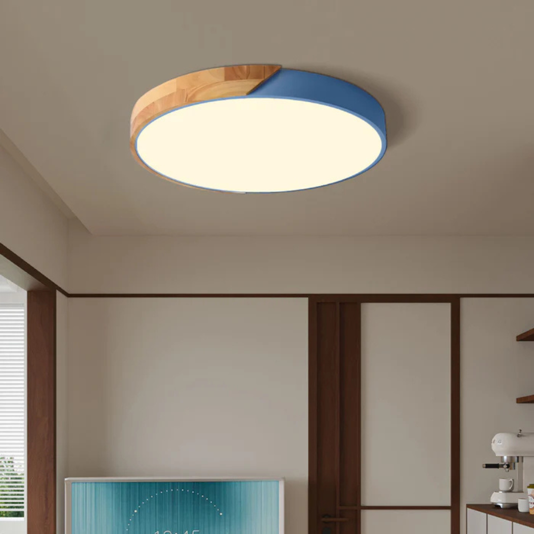 Modern Nordic LED Ceiling Light with Wood Accent – Flush Mount Dimmable Fixture for Bedroom, Living Room, Kitchen & Hallway