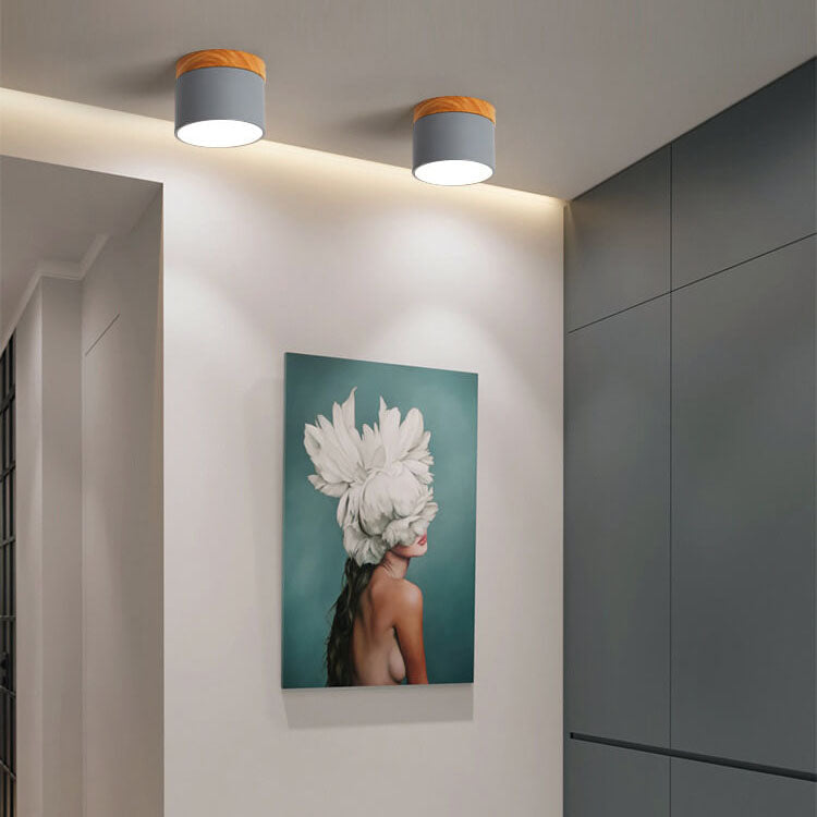 Scandinavian Macaron LED Ceiling Light with Wood Accent – Compact 7W 700 Lumen Flush Mount with 3-Color Light in 7 Colors