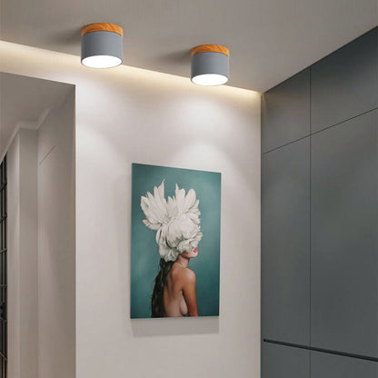 Scandinavian Macaron LED Ceiling Light with Wood Accent – Compact 7W 700 Lumen Flush Mount with 3-Color Light in 7 Colors