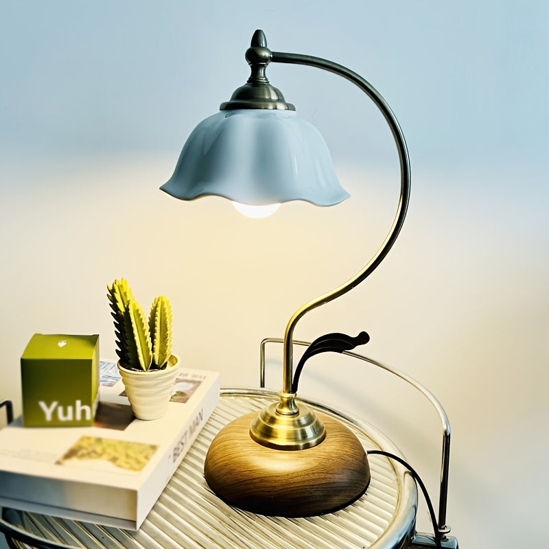 Vintage Gooseneck Table Lamp – Antique Brass USB Bedside Light with Floral Glass Shade, Classic Reading Lamp