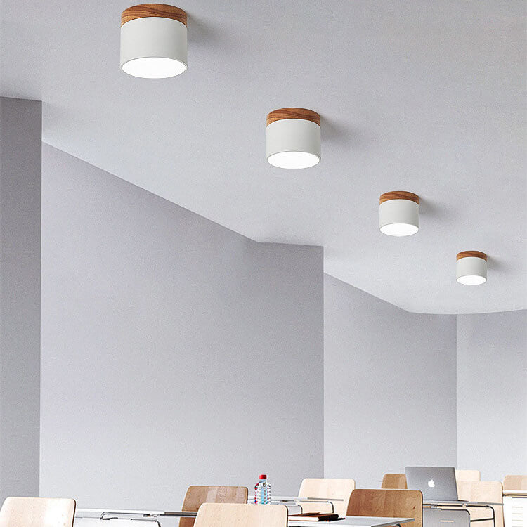 Scandinavian Macaron LED Ceiling Light with Wood Accent – Compact 7W 700 Lumen Flush Mount with 3-Color Light in 7 Colors