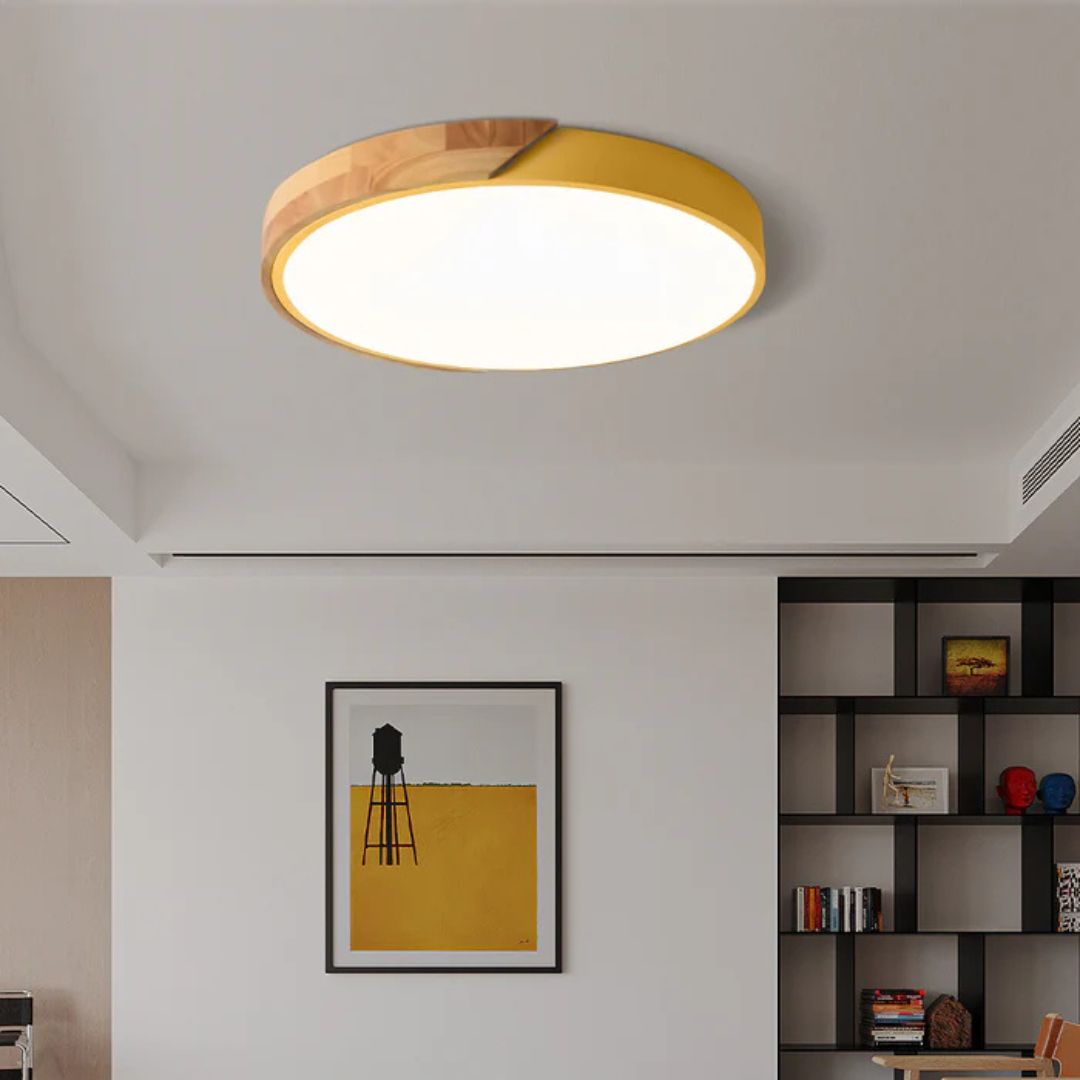 Modern Nordic LED Ceiling Light with Wood Accent – Flush Mount Dimmable Fixture for Bedroom, Living Room, Kitchen & Hallway