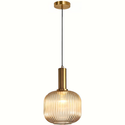 Modern Ribbed Glass Pendant Light – Striped Glass Shade with Polished Brass Finish, Kitchen Island & Dining Hanging Lamp