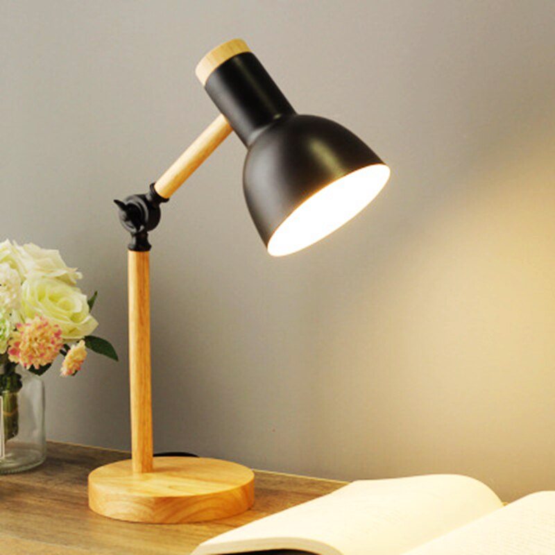 Scandinavian Wooden LED Desk Lamp – Adjustable Arm & Rotating Shade, Warm or Cool White Reading Light for Study & Office