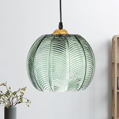 Green Pumpkin Ribbed Glass Pendant Lamp – Retro Vintage Hanging Light with Gold Details for Kitchen, Dining & Bedroom