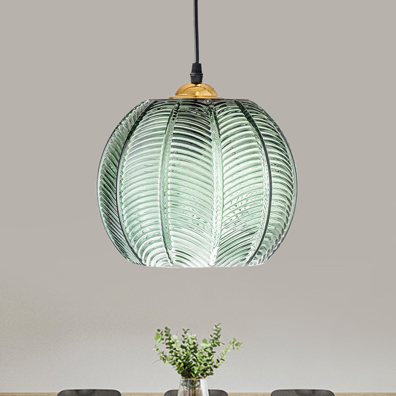 Green Pumpkin Ribbed Glass Pendant Lamp – Retro Vintage Hanging Light with Gold Details for Kitchen, Dining & Bedroom