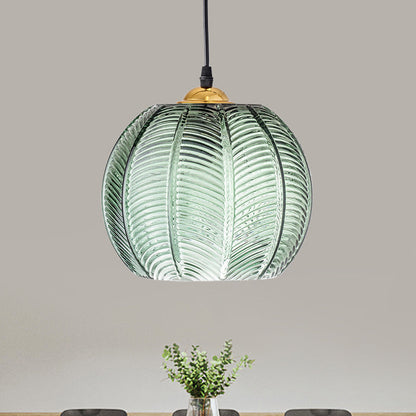 Green Pumpkin Ribbed Glass Pendant Lamp – Retro Vintage Hanging Light with Gold Details for Kitchen, Dining & Bedroom