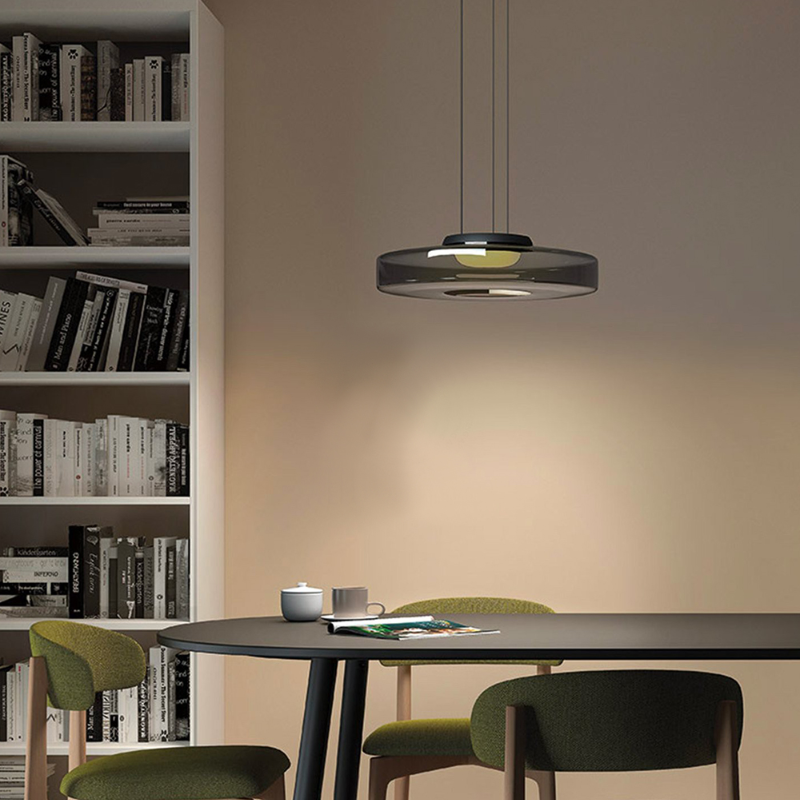 Bauhaus Layered Glass Pendant Lamp – Modern Amber, Green or Smoke Grey Hanging Light Fixture for Kitchen & Dining Room
