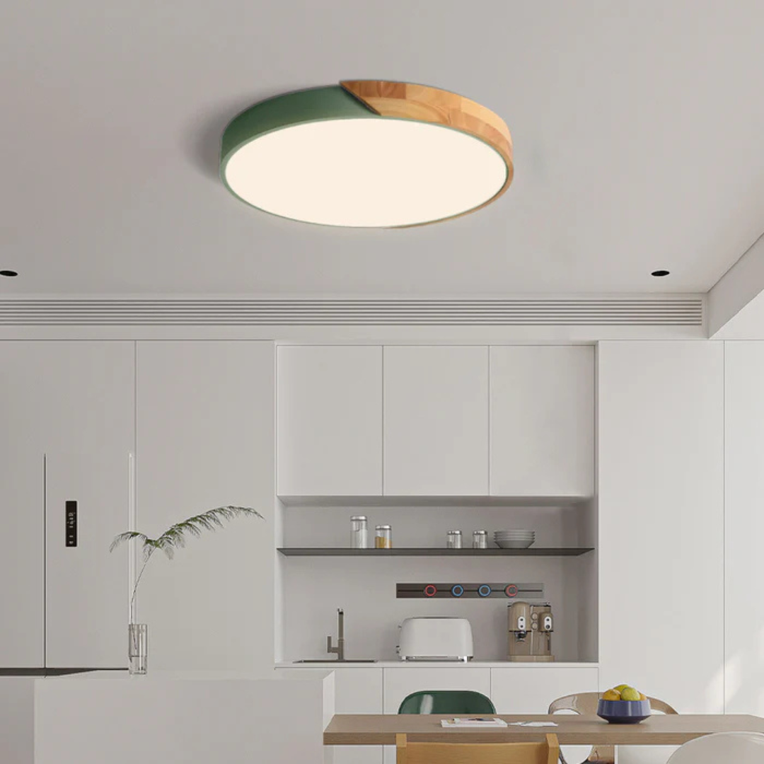 Modern Nordic LED Ceiling Light with Wood Accent – Flush Mount Dimmable Fixture for Bedroom, Living Room, Kitchen & Hallway