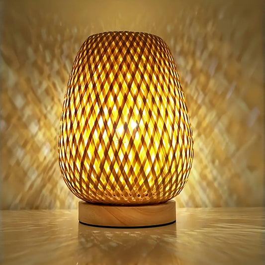 Handcrafted Woven Bamboo Bedside Lamp – Dimmable 3-Color USB Table Light with Natural Wood Base, Artisan Boho Lamp