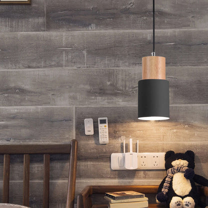 Nordic Macaron Cylinder Pendant Light – Aluminum & Wood Focused Hanging Lamp in 5 Colors for Kitchen, Bar & Bedroom