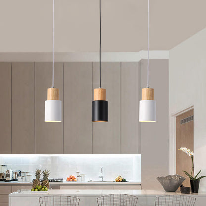 Nordic Macaron Cylinder Pendant Light – Aluminum & Wood Focused Hanging Lamp in 5 Colors for Kitchen, Bar & Bedroom