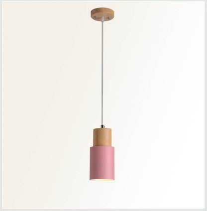 Nordic Macaron Cylinder Pendant Light – Aluminum & Wood Focused Hanging Lamp in 5 Colors for Kitchen, Bar & Bedroom