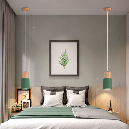 Nordic Macaron Cylinder Pendant Light – Aluminum & Wood Focused Hanging Lamp in 5 Colors for Kitchen, Bar & Bedroom