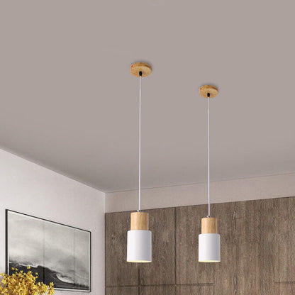 Nordic Macaron Cylinder Pendant Light – Aluminum & Wood Focused Hanging Lamp in 5 Colors for Kitchen, Bar & Bedroom