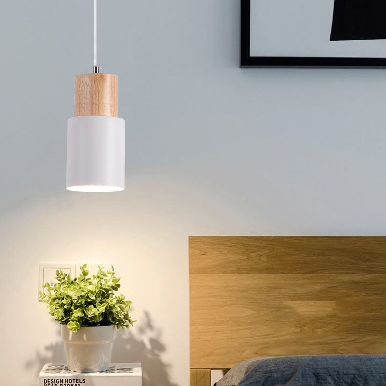 Nordic Macaron Cylinder Pendant Light – Aluminum & Wood Focused Hanging Lamp in 5 Colors for Kitchen, Bar & Bedroom