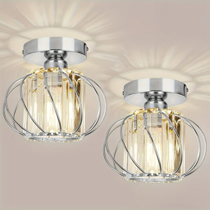 Modern Industrial Glass Cage Ceiling Light Set of 2 – Clear Glass Semi-Flush Mount in Black, Gold or Silver for Kitchen & Hallway