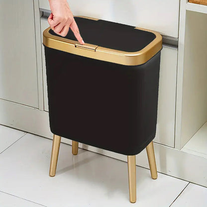 15L Modern Odor-Sealing Trash Can with Elevated Legs – Slim Flip-Top Waste Bin with Metallic Trim for Kitchen, Bathroom & Living Room
