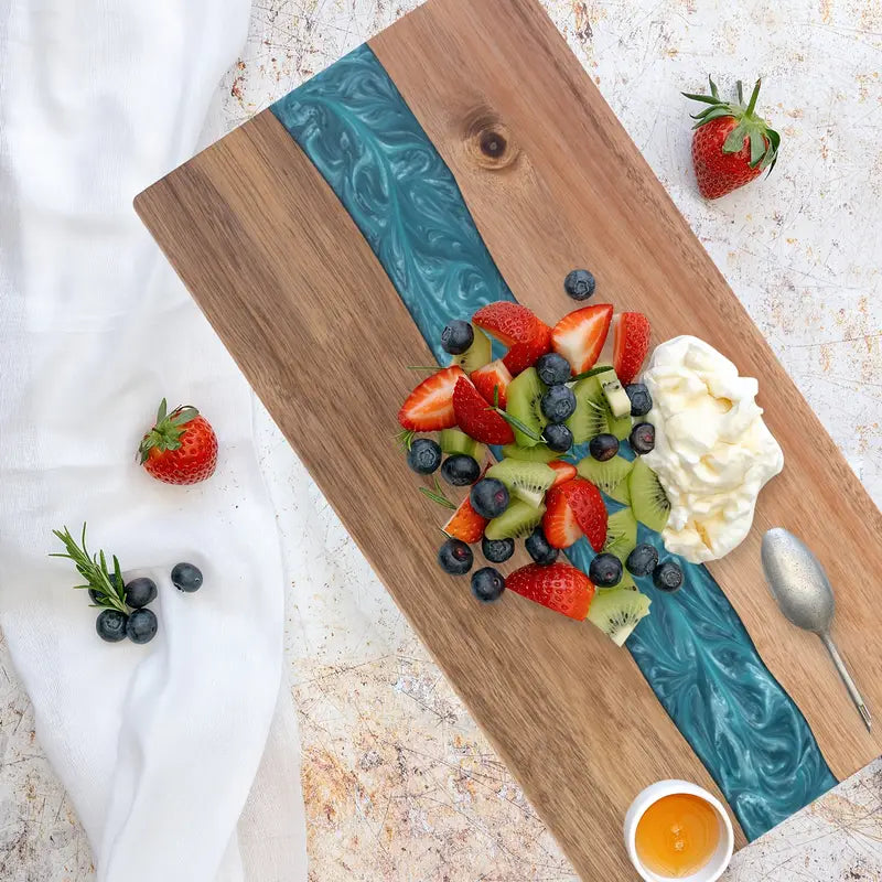 Resin River Acacia Wood Cutting Board – Handcrafted 46 x 23 cm Charcuterie & Cheese Serving Board with Blue Resin Design