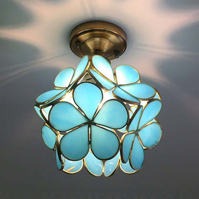 Colorful Retro Flower Ceiling Light – Vintage-Inspired Flush Mount Lamp in Green, Amber, Pink or Blue, E14 Bulb