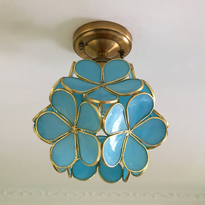 Colorful Retro Flower Ceiling Light – Vintage-Inspired Flush Mount Lamp in Green, Amber, Pink or Blue, E14 Bulb