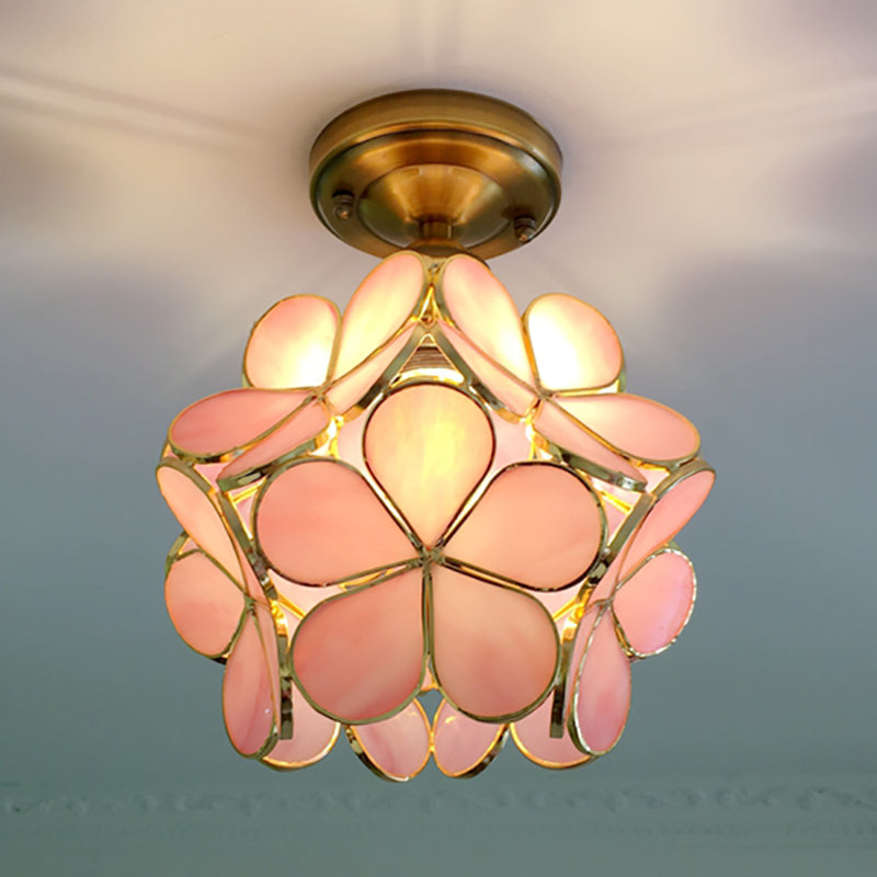 Colorful Retro Flower Ceiling Light – Vintage-Inspired Flush Mount Lamp in Green, Amber, Pink or Blue, E14 Bulb