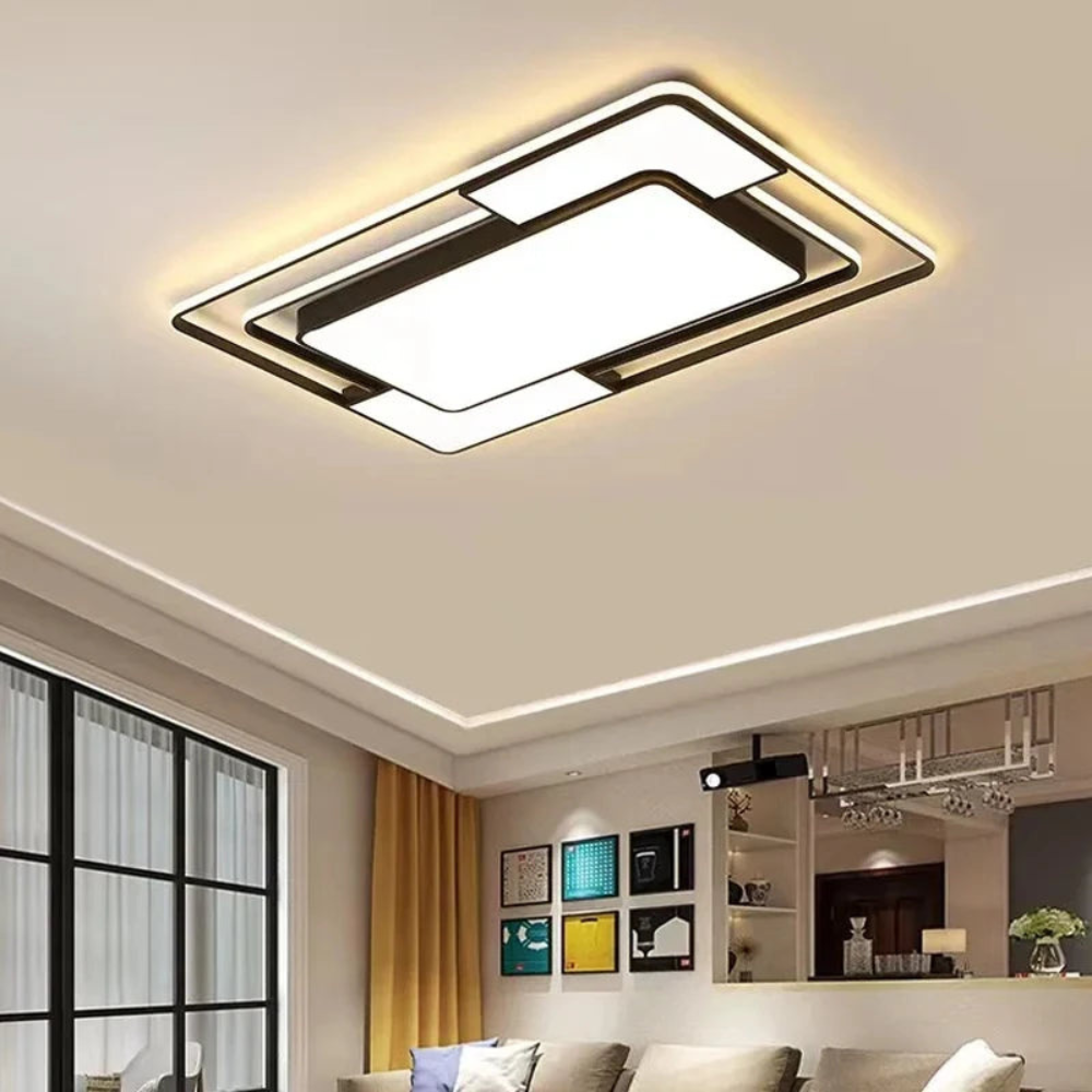 Modern Geometric LED Ceiling Light with Remote Control – Dimmable Layered Flush Mount Fixture for Living Room & Bedroom