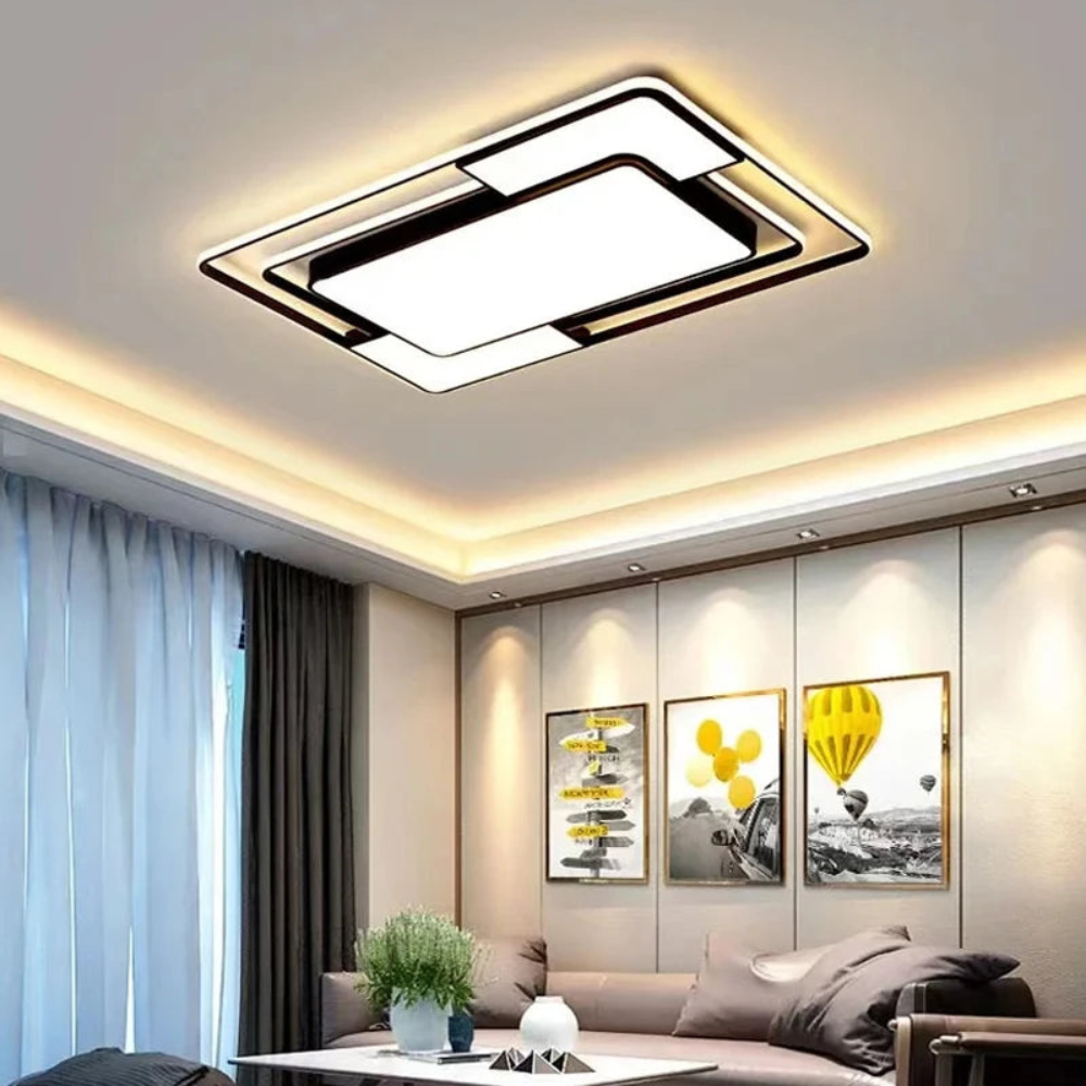 Modern Geometric LED Ceiling Light with Remote Control – Dimmable Layered Flush Mount Fixture for Living Room & Bedroom