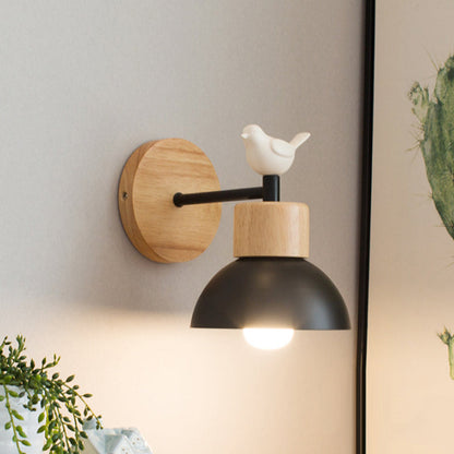 Nordic Wooden Bird Wall Lamp – Ceramic Bird LED Bedside Sconce with Solid Wood & Wrought Iron, E27 Bulb Included