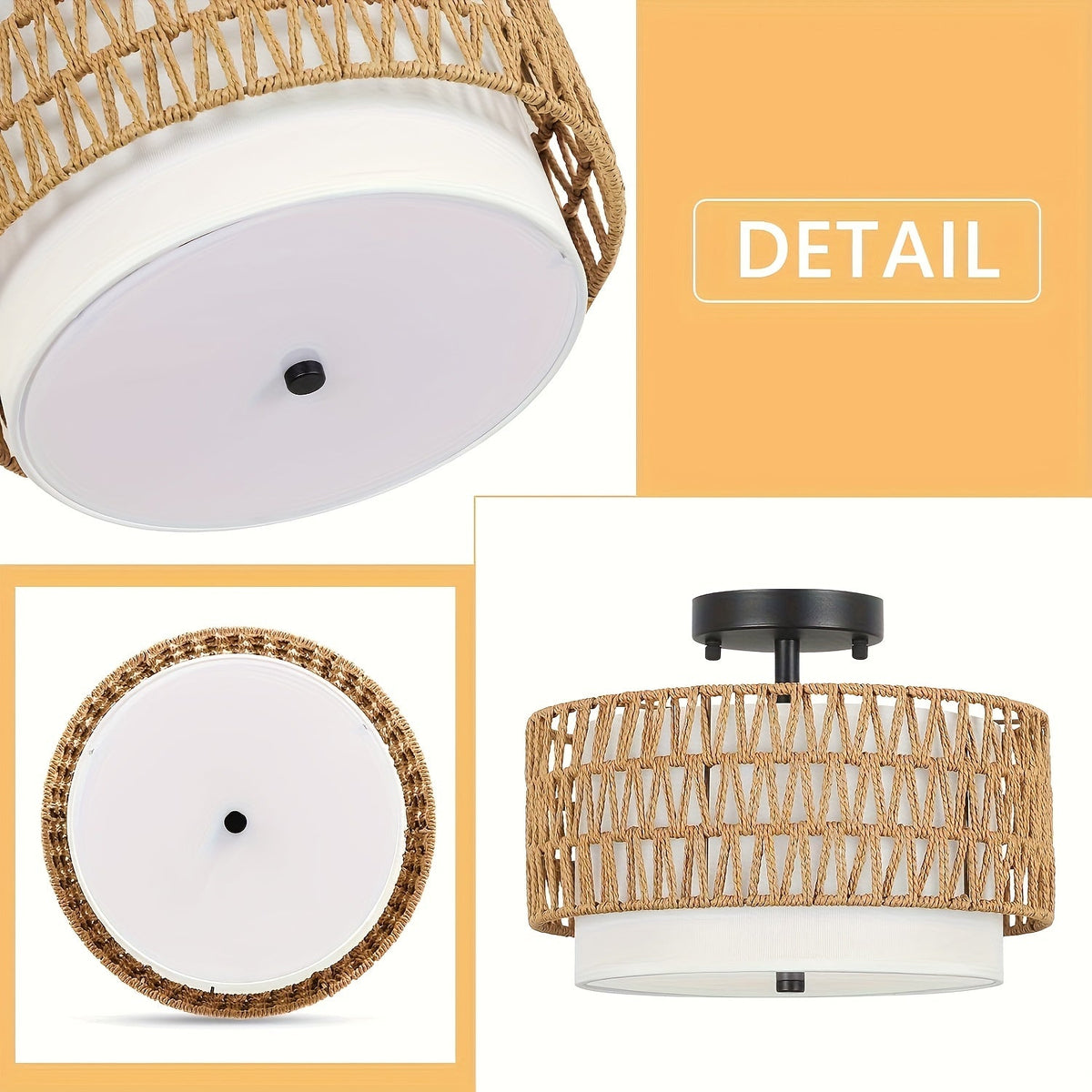 Boho Rattan Ceiling Light with Linen Diffuser – Coastal Semi-Flush Mount Fixture for Bedroom, Dining & Living Room