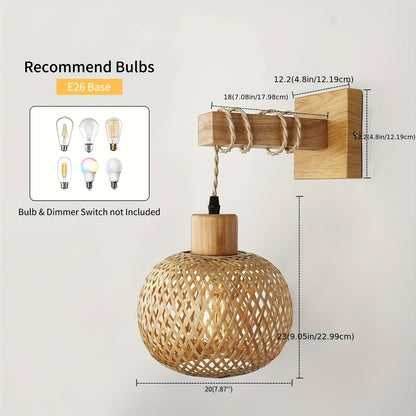Rustic Handwoven Rattan & Solid Wood Wall Sconce – Natural Boho Wall Light Fixture for Bedroom, Hallway & Dining Room