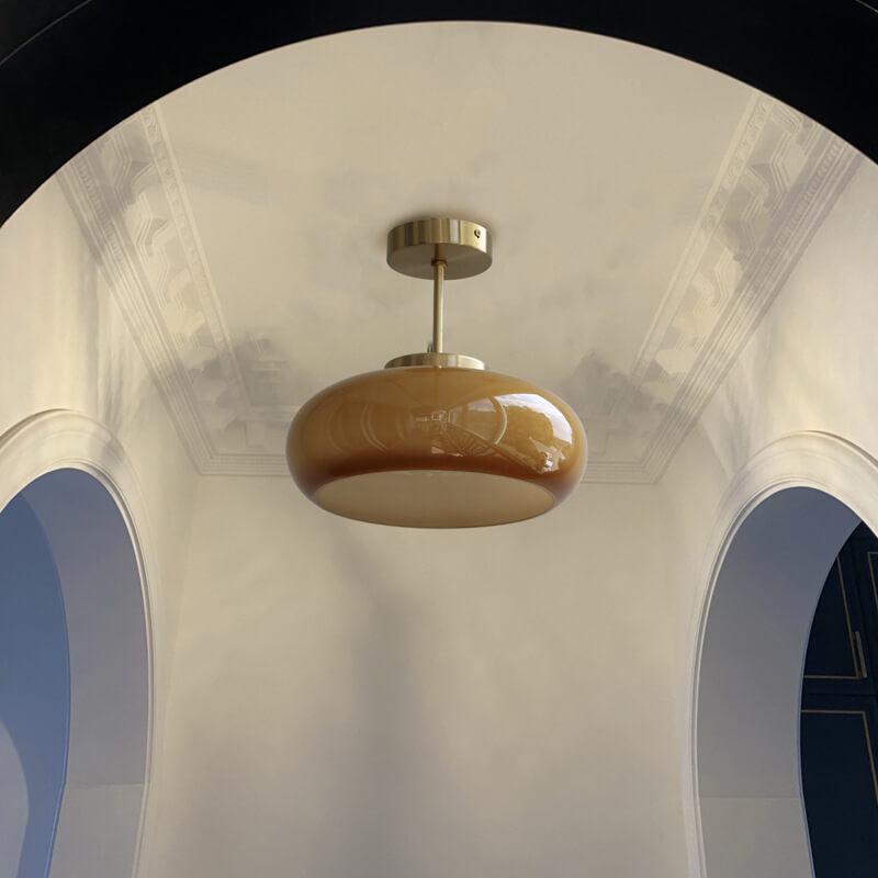 Vintage Brass Semi-Flush Ceiling Light with Yellow Glass Shade – Classic E26 Fixture in Brass or Electroplated Copper