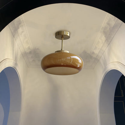 Vintage Brass Semi-Flush Ceiling Light with Yellow Glass Shade – Classic E26 Fixture in Brass or Electroplated Copper